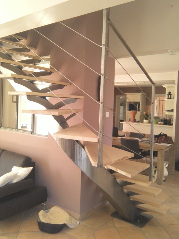 escalier metallique à limon central et marches bois