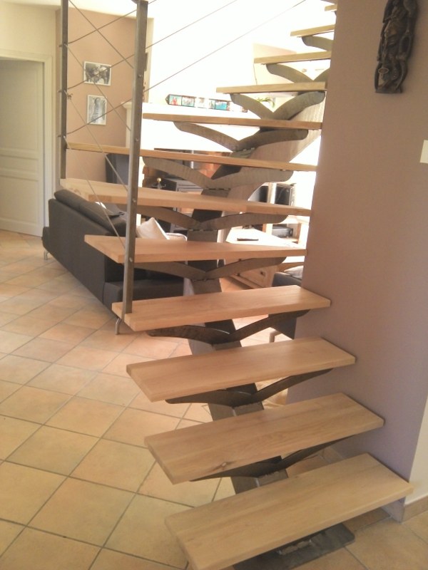 escalier metallique à limon central et marches bois